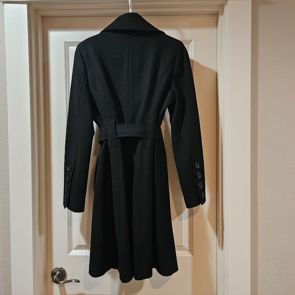 Guess Double Breast Wool Blend Coat Heavyweight Funnel Neck Belt Siz 6 Black EUC - Picture 2 of 15